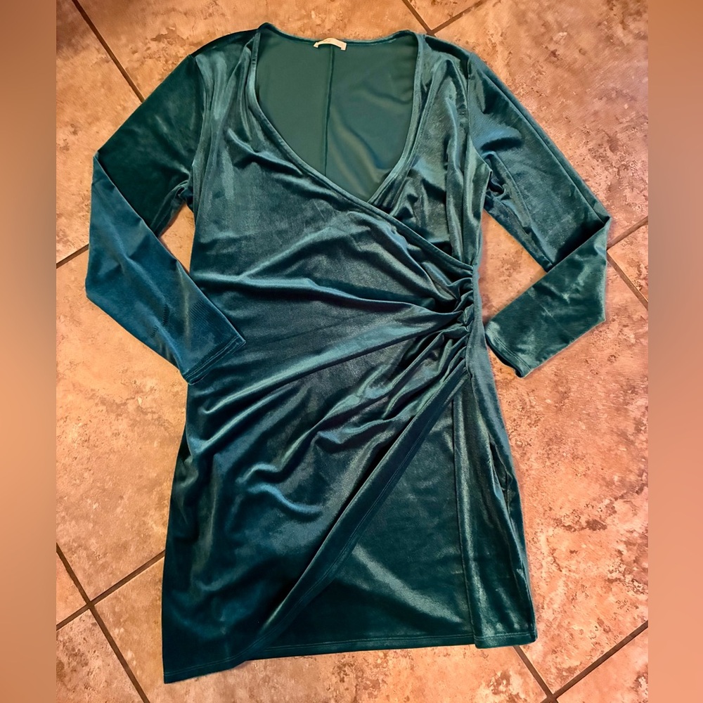 Emerald Teal Velvet Ruched Wrap Dress (Plus Size 2X)